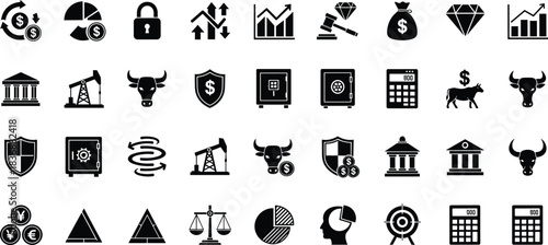 Finance icons, economic vector set, banking symbols, investment tools, market trends, business analytics, legal visuals, currency exchange, wealth indicators, industry graphics
