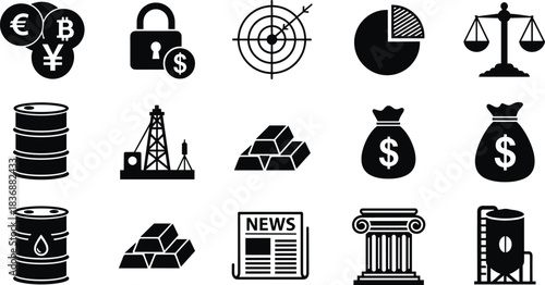 Finance icons, economic vector set, currency symbols, investment tools, commodity visuals, financial security, business strategy, wealth indicators, industry graphics, legal elements