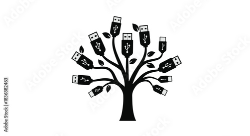 Creative tree with USB connectors as leaves, symbolizing technology and connectivity