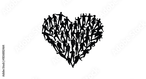 Diverse group of people form a heart shape, symbolizing unity and love.