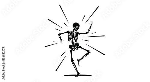 Energetic skeleton dancing with radiating lines, symbolizing celebration or a lively spirit.
