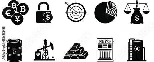 Finance icons, economic vector set, currency symbols, investment tools, commodity visuals, financial security, market trends, business strategy, wealth indicators, legal elements