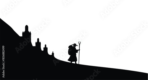 Silhouette of a lone traveler with a staff and backpack ascending a hill towards a distant cityscape under a bright sky.