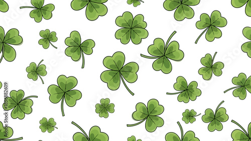 Vibrant green shamrock and four-leaf clover seamless pattern on a clean white background, perfect for St. Patrick's Day celebrations and general good luck designs
