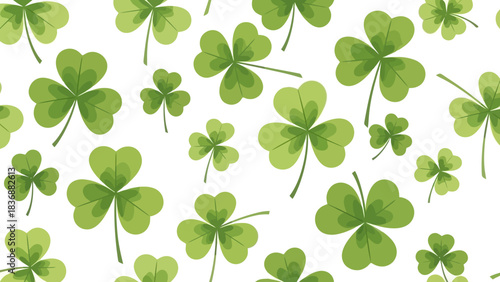 Festive green shamrocks and lucky four-leaf clovers create a cheerful, seamless pattern, perfect for St. Patrick's Day celebrations, symbolizing good fortune and Irish charm