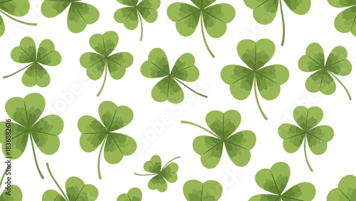 Seamless pattern of vibrant green shamrocks and clover leaves on a clean white background, perfect for St. Patrick's Day designs and spring themes