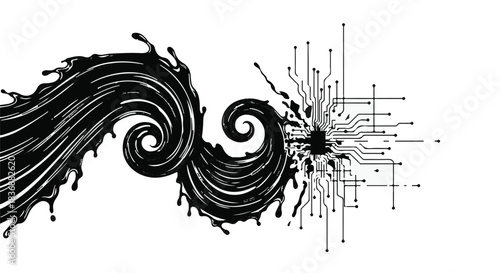 Fluid black ink splash merging into intricate digital circuit board pattern