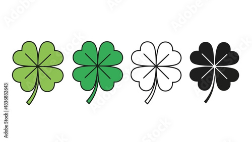 Set of four-leaf clover icons in green, outline, and black variations, representing luck and good fortune in a stylized design