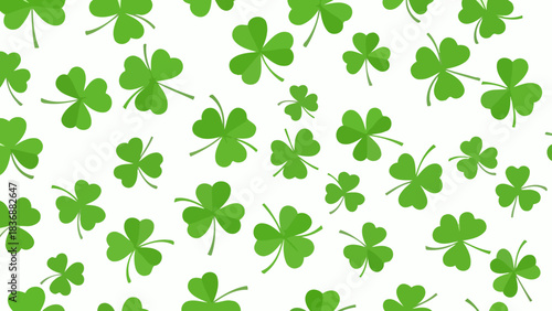 A vibrant and festive St. Patrick's Day seamless pattern featuring scattered green shamrocks on a clean white background, perfect for holiday celebrations and designs