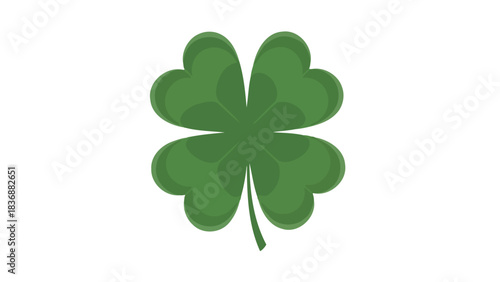 A bright green four-leaf clover on a plain white background, symbolizing good luck and prosperity