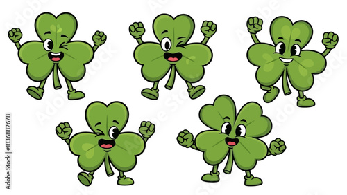 A delightful group of animated green clover characters radiating happiness and enthusiasm, ready to bring good luck to any festive project
