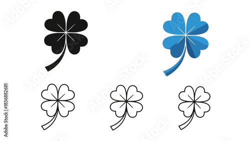 Set of four-leaf clover icons in various styles and colors for luck and good fortune