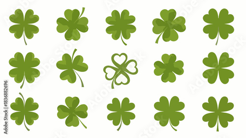 A charming collection of vibrant green four-leaf clovers and traditional shamrocks, symbolizing good fortune, nature's beauty, and the festive spirit of St. Patrick's Day celebrations