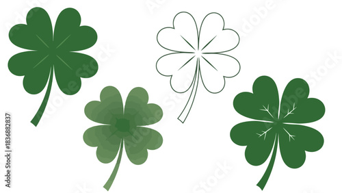 Set of four-leaf clovers in various artistic styles, including solid green and outlined designs, perfect for St