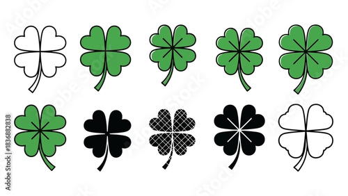 Collection of stylized four-leaf clovers, symbols of luck and good fortune, presented in various designs for diverse applications