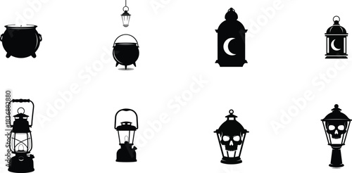 Collection of vintage black silhouette lanterns in various ornate and traditional designs