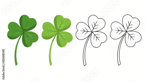 Collection of four lucky clover leaves, two colored and two outlined for design purposes