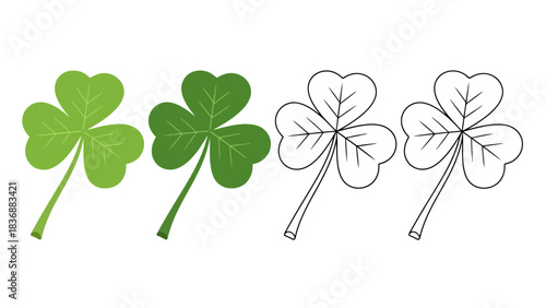 Set of three-leaf clovers, symbolizing luck, with one in full color and two outlined versions for design purposes