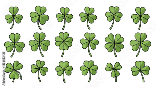 A collection of green clover leaves, symbolizing luck and the coming of spring, displayed in a grid pattern for festive decoration