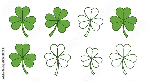 Collection of green shamrocks and outlines, symbols of luck and St