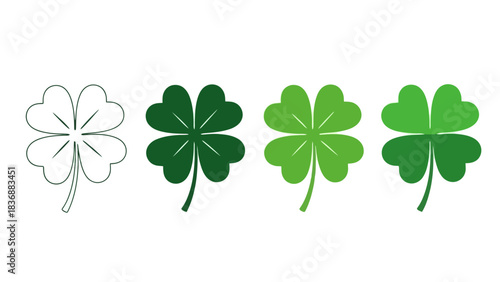 Four leaf clover icon variations outline, solid green, and gradient green