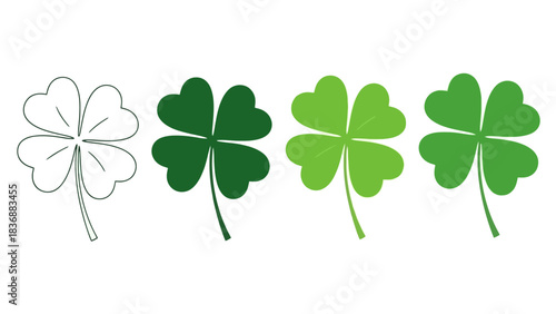 Four leaf clover evolution from outline to full color in shades of green