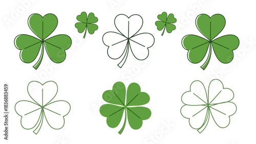 Collection of green clover and shamrock icons and illustrations, representing luck and St