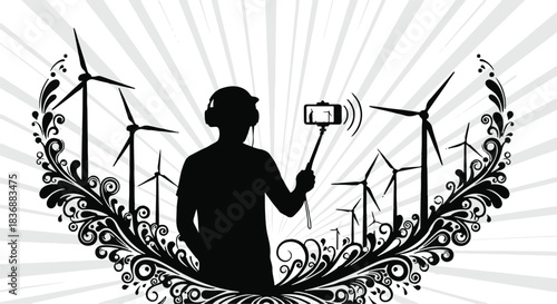 Person taking selfie with wind turbines, embracing renewable energy and modern technology.