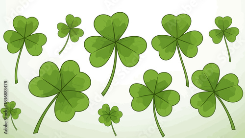 A delightful pattern of fresh green clover leaves scattered across a light green, gradient background, celebrating spring and luck