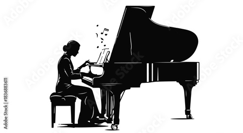 Silhouette of a woman playing a grand piano, lost in the music.