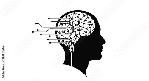 Silhouette of a human head with a futuristic, interconnected brain symbolizing artificial intelligence and innovation