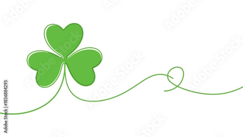 Simple green clover leaf illustration, symbolizing luck and spring, on a white background with a flowing line element