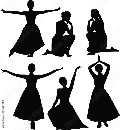 Female Dancer or Ballerina Silhouettes, Women in Long Skirts/Dresses Poses Collection, Ballet or Contemporary Dance Silhouettes, Dramatic Female Poses Vector Set, silhouette, vector, illustration.