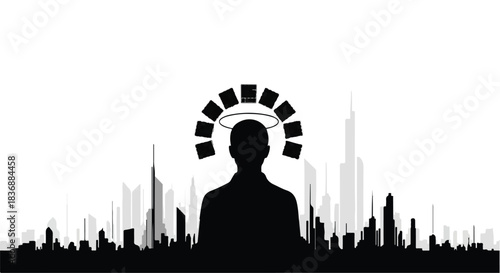Silhouette of a person with a radiant halo against a modern city skyline
