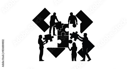 Diverse team collaborates to assemble a complex puzzle, symbolizing unity and problem-solving.