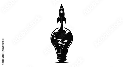 Rocket launching from a lightbulb symbolizing innovation and a bright new idea.