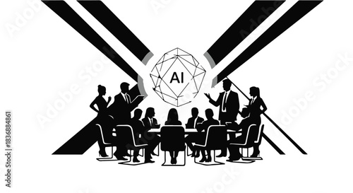 Diverse team collaborates around a table, discussing ideas symbolized by an AI crystal.