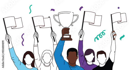 Diverse group celebrating victory with trophy and flags