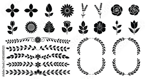 Elegant floral designs and leafy wreaths in black