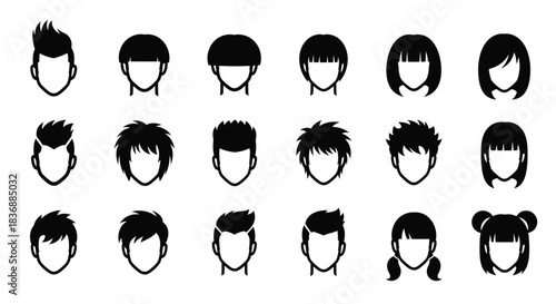 Various stylish haircuts for men and women in black silhouette