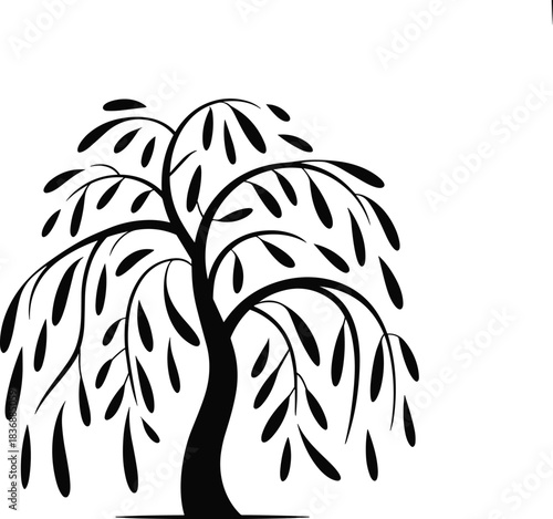 Elegant Black Silhouette Vector of a Weeping Willow Tree: Featuring Long, Drooping Branches and Leaves, Ideal for Landscape, Nature, and Tranquil Designs.