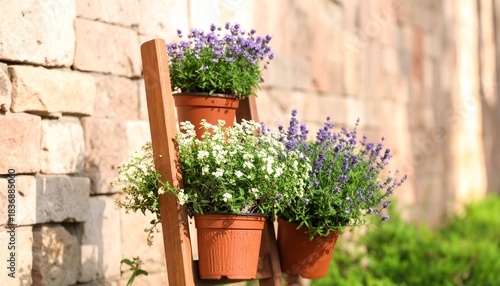 Potted lavender and white flowers on a wooden ladder stand against a brick wall in a sunny garden.