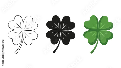 Three styles of four-leaf clover illustration outline, silhouette, and realistic green