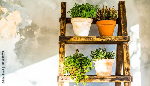 Potted Plants on Wooden Ladder Shelf with Sunlight and Shadows.