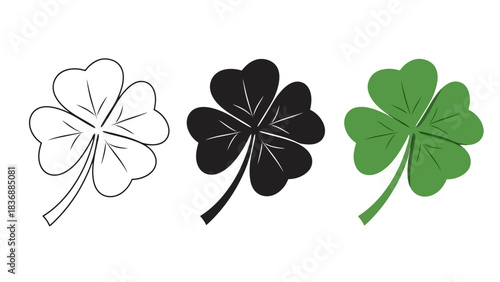 Three clover leaf icons in outline, solid black, and green, symbolizing luck and Irish heritage in various visual styles