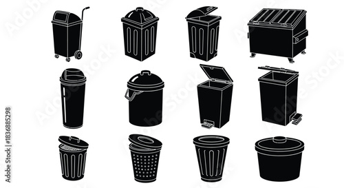 Various trash cans and recycling bins in black