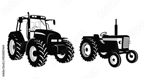 Two tractors side by side in black silhouette on white background