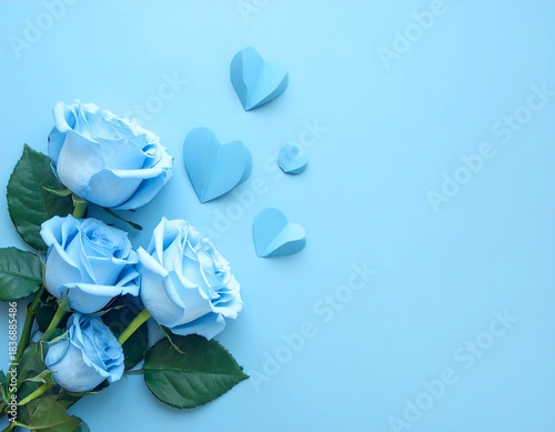 Soft blue roses and paper hearts against a pastel background