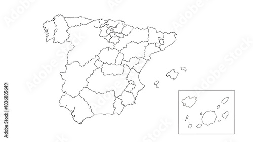 Spain map with regions black outline Canary Islands country.