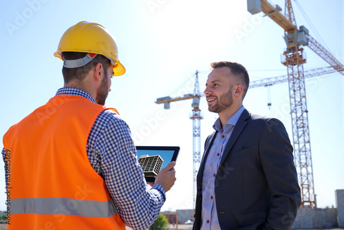 Professional architect in suit discussing building project on digital tablet with construction worker wearing yellow safety helmet and orange vest at site with cranes